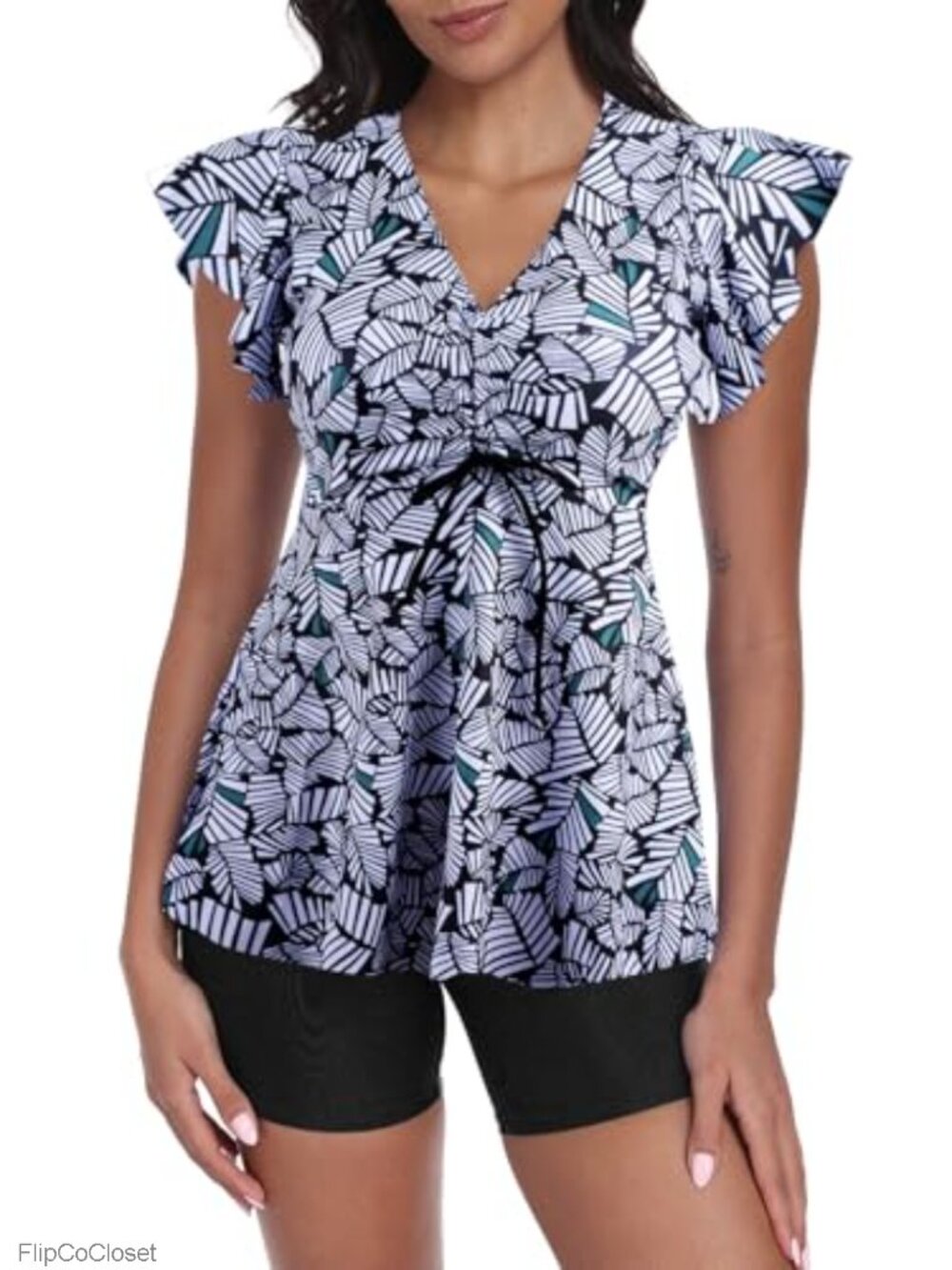 Womens Tankini Swim Dress Short Sleeve Tummy Control Two Piece